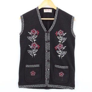 Vintage Wooltex Vest Sweater Women's Casual Black Embroidered Roses Size Small S